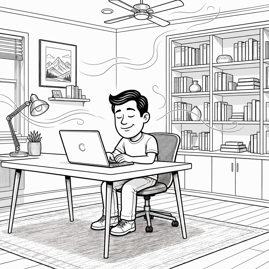 Mascot breathing clean air in a home office