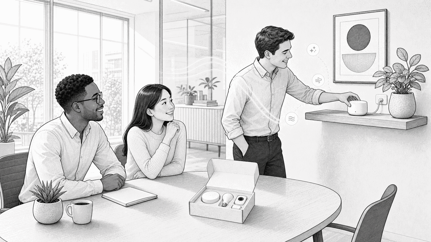 Office team setting up a plug-and-play environmental monitoring device